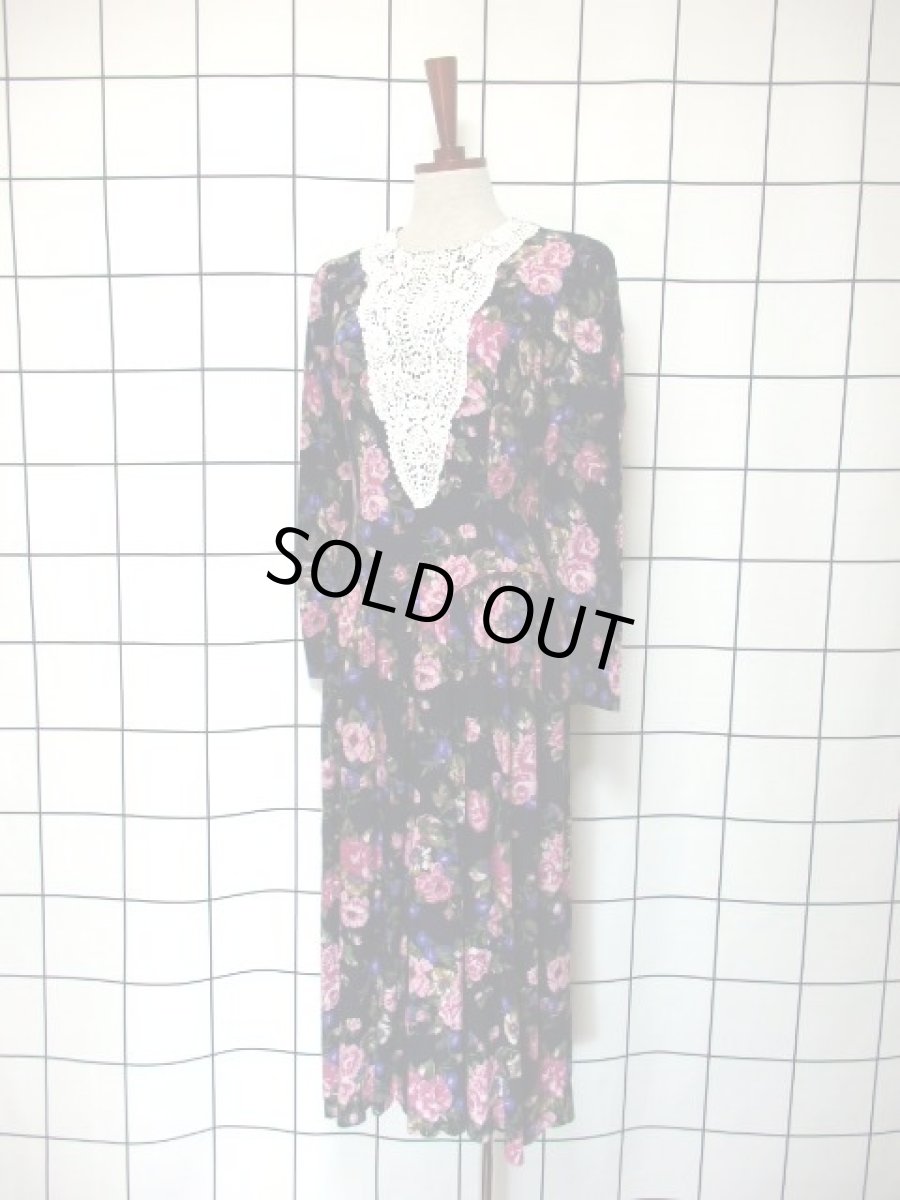 画像2: 大きなレース 花柄 ネイビー クラシカル ガーリー レトロ 長袖 USA古着 ヴィンテージドレスワンピース 【7194】 (2)
