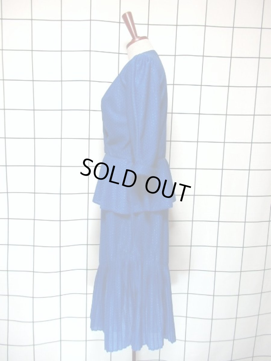 画像6: ドットモチーフ織り ティアード プリーツ ブルー ヨーロッパ古着 レトロ ヴィンテージドレス【7271】 (6)