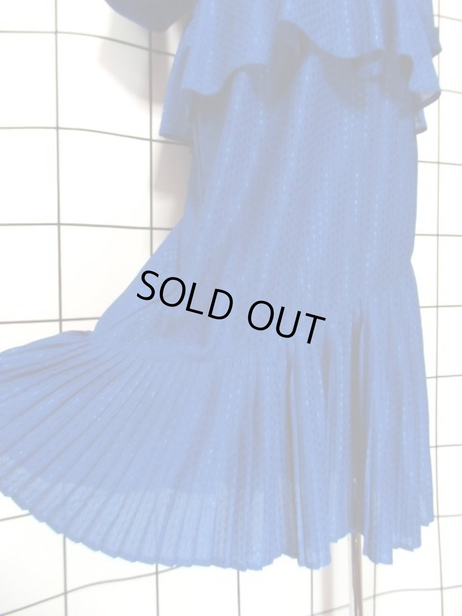 画像12: ドットモチーフ織り ティアード プリーツ ブルー ヨーロッパ古着 レトロ ヴィンテージドレス【7271】 (12)