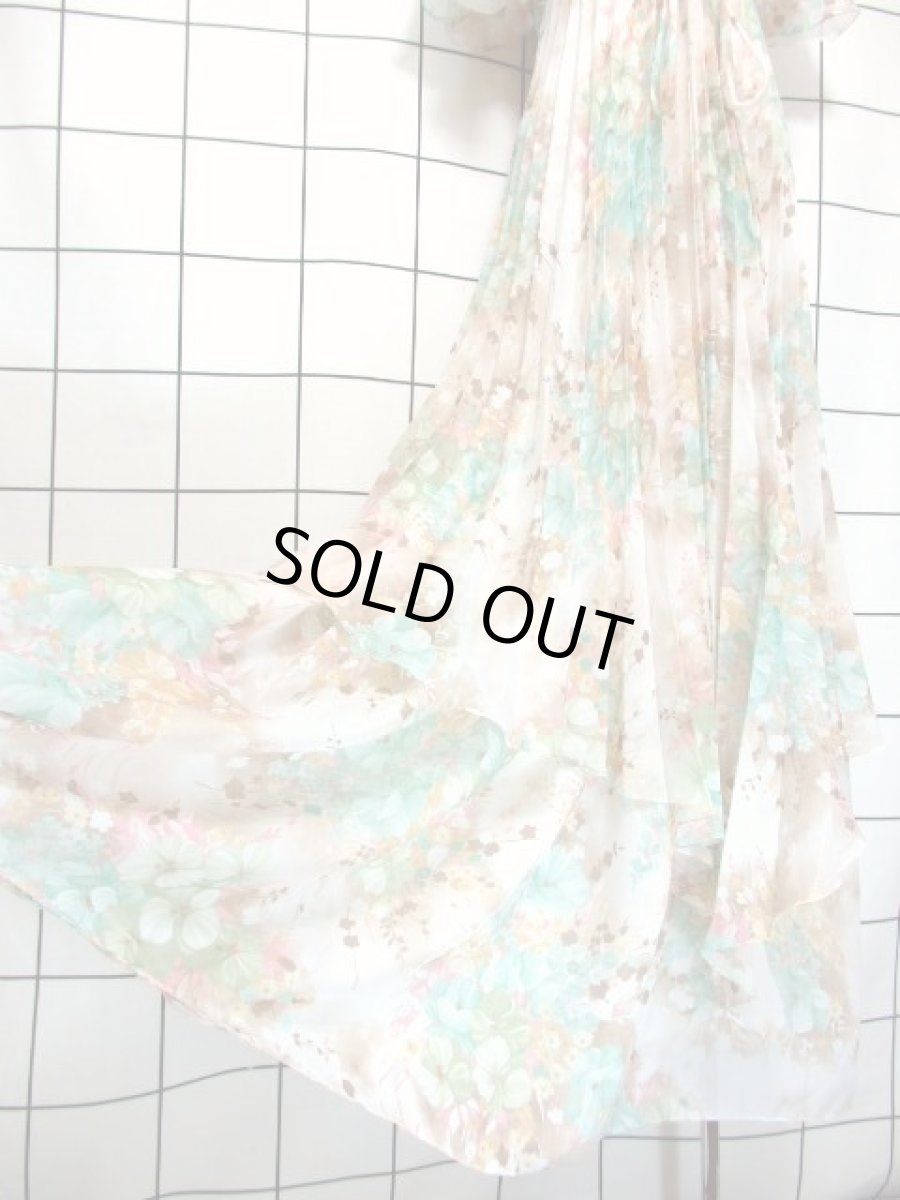 画像12: フランス製 花柄 パステルカラー プリーツ ティアード フレア袖 リボン レトロ ヨーロッパ古着 ヴィンテージドレス【7286】 (12)