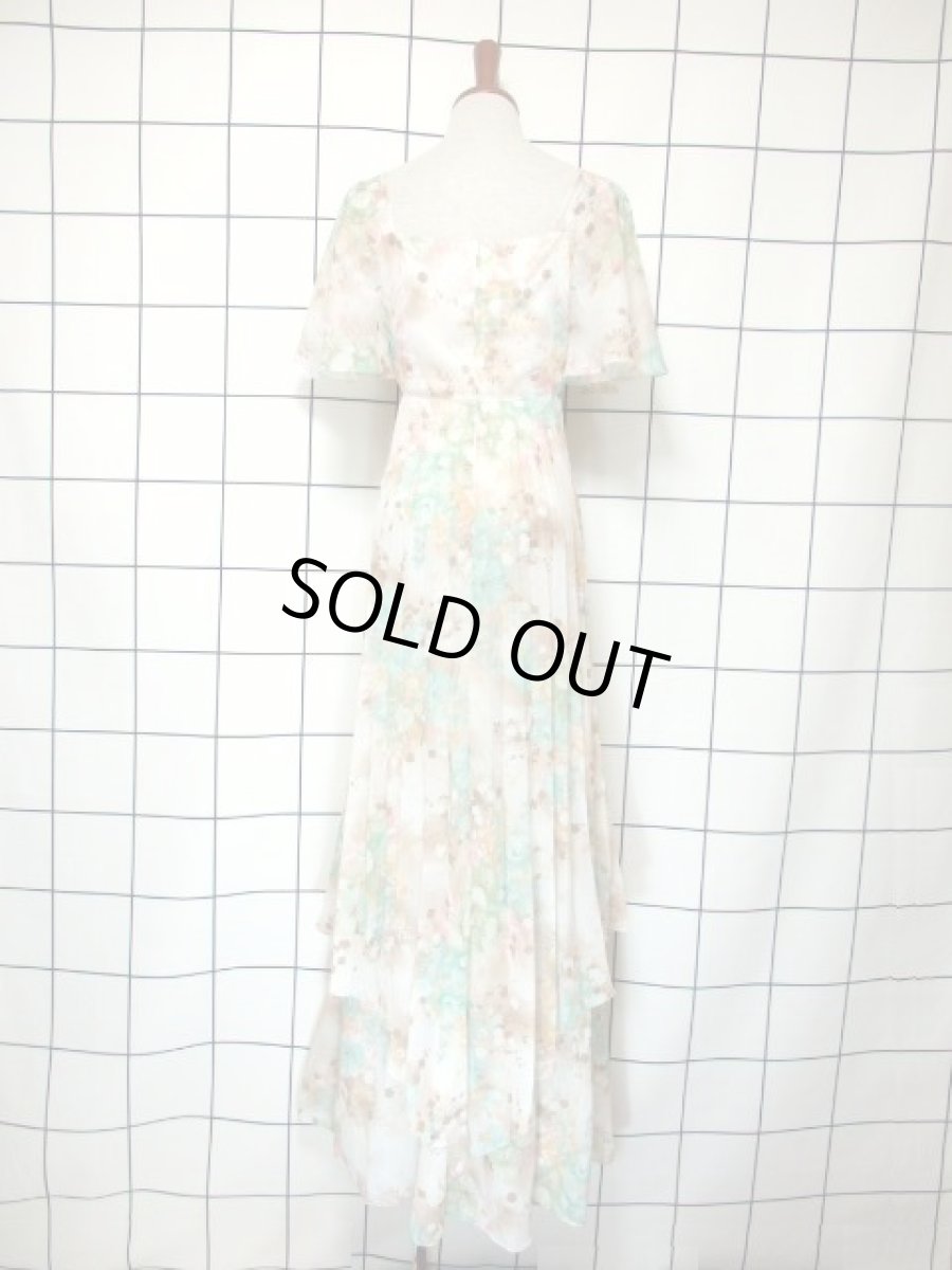 画像5: フランス製 花柄 パステルカラー プリーツ ティアード フレア袖 リボン レトロ ヨーロッパ古着 ヴィンテージドレス【7286】 (5)