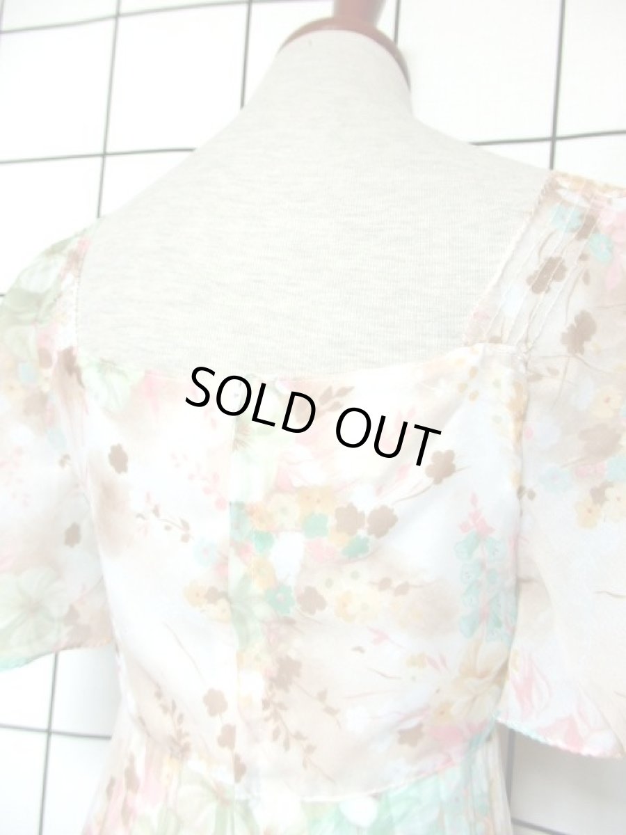 画像6: フランス製 花柄 パステルカラー プリーツ ティアード フレア袖 リボン レトロ ヨーロッパ古着 ヴィンテージドレス【7286】 (6)