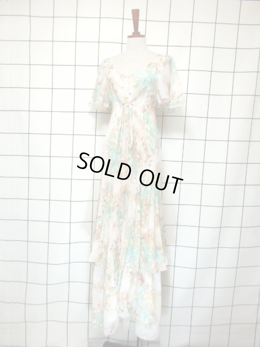 画像2: フランス製 花柄 パステルカラー プリーツ ティアード フレア袖 リボン レトロ ヨーロッパ古着 ヴィンテージドレス【7286】 (2)