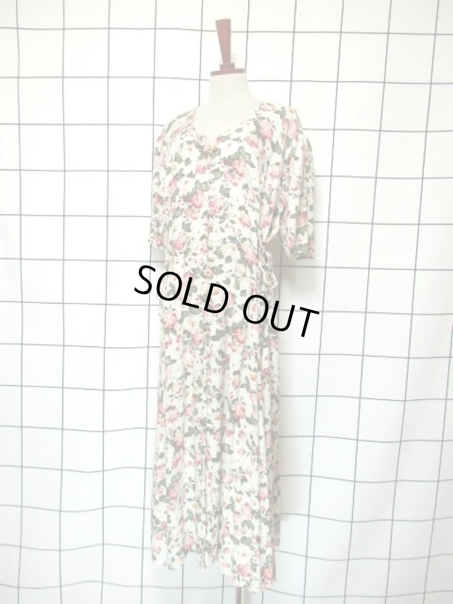 画像2: 花柄 前開き リボン 半袖 レトロ ガーリー ヨーロッパ古着 ヴィンテージワンピース【7288】 (2)