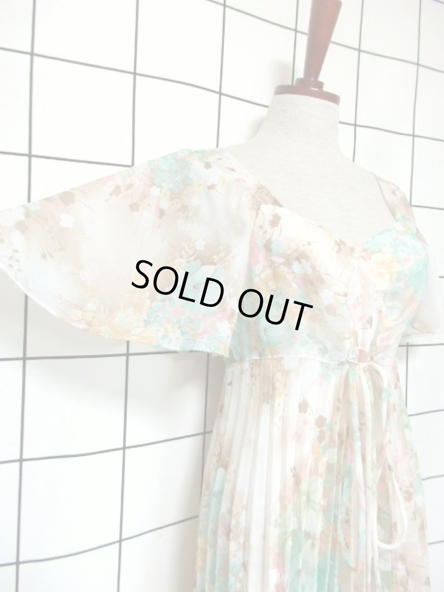 画像4: フランス製 花柄 パステルカラー プリーツ ティアード フレア袖 リボン レトロ ヨーロッパ古着 ヴィンテージドレス【7286】 (4)