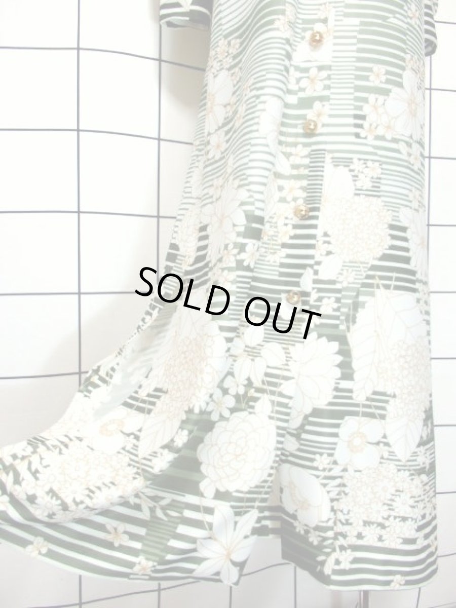 画像14: 花柄 ボーダー 前開き グリーン ホワイト マキシ丈 長袖 レトロ USA古着 ヴィンテージワンピース【7296】 (14)