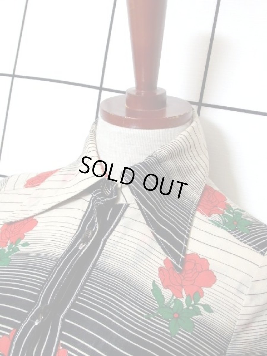 画像8: 薔薇柄 ボーダー 70's 長袖 昭和レトロ 国産古着 レトロワンピース【7304】 (8)