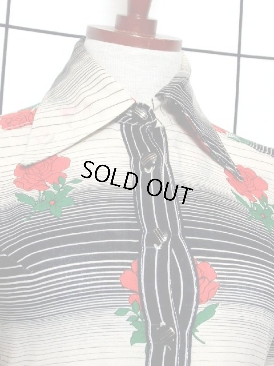 画像3: 薔薇柄 ボーダー 70's 長袖 昭和レトロ 国産古着 レトロワンピース【7304】 (3)