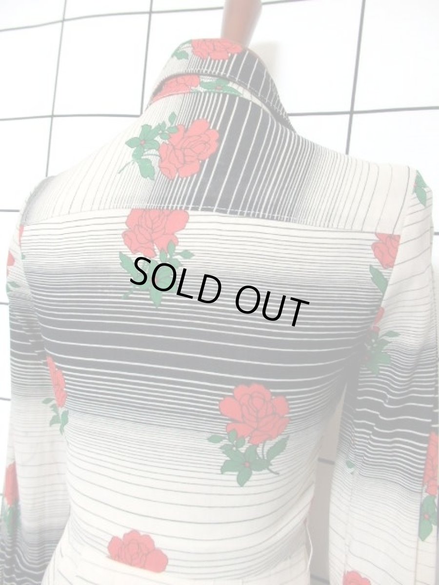 画像6: 薔薇柄 ボーダー 70's 長袖 昭和レトロ 国産古着 レトロワンピース【7304】 (6)