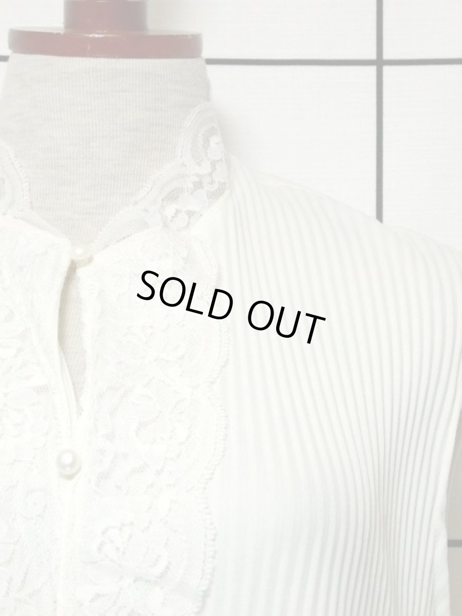 画像8: プリーツ切り替えしデザイン フラワーレース ホワイト パープル ノースリーブ レトロ クラシカル ヨーロッパ古着 ヴィンテージドレス【7303】 (8)