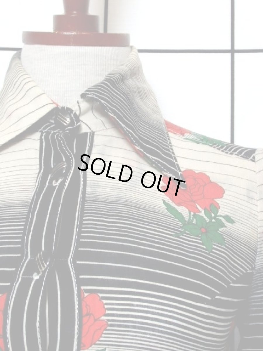 画像9: 薔薇柄 ボーダー 70's 長袖 昭和レトロ 国産古着 レトロワンピース【7304】 (9)