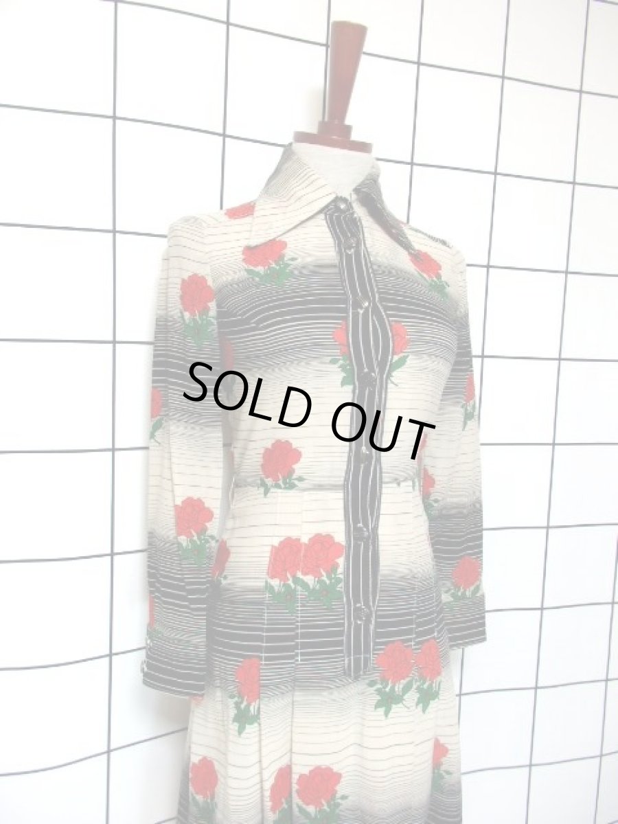 画像7: 薔薇柄 ボーダー 70's 長袖 昭和レトロ 国産古着 レトロワンピース【7304】 (7)