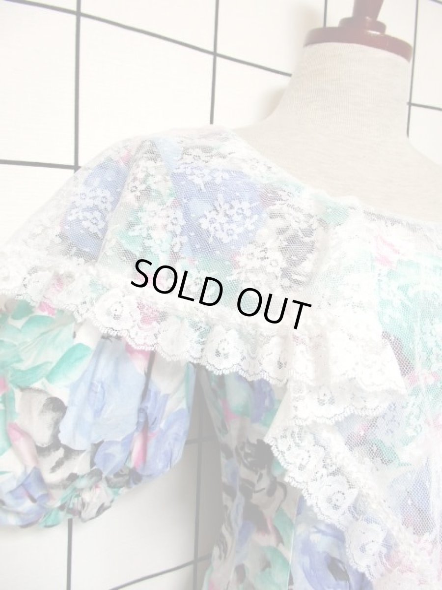 画像4: 花柄 レース装飾 美しいシルエット形成 クラシカル 半袖 レトロ ヨーロッパ古着 ヴィンテージドレス【7320】 (4)