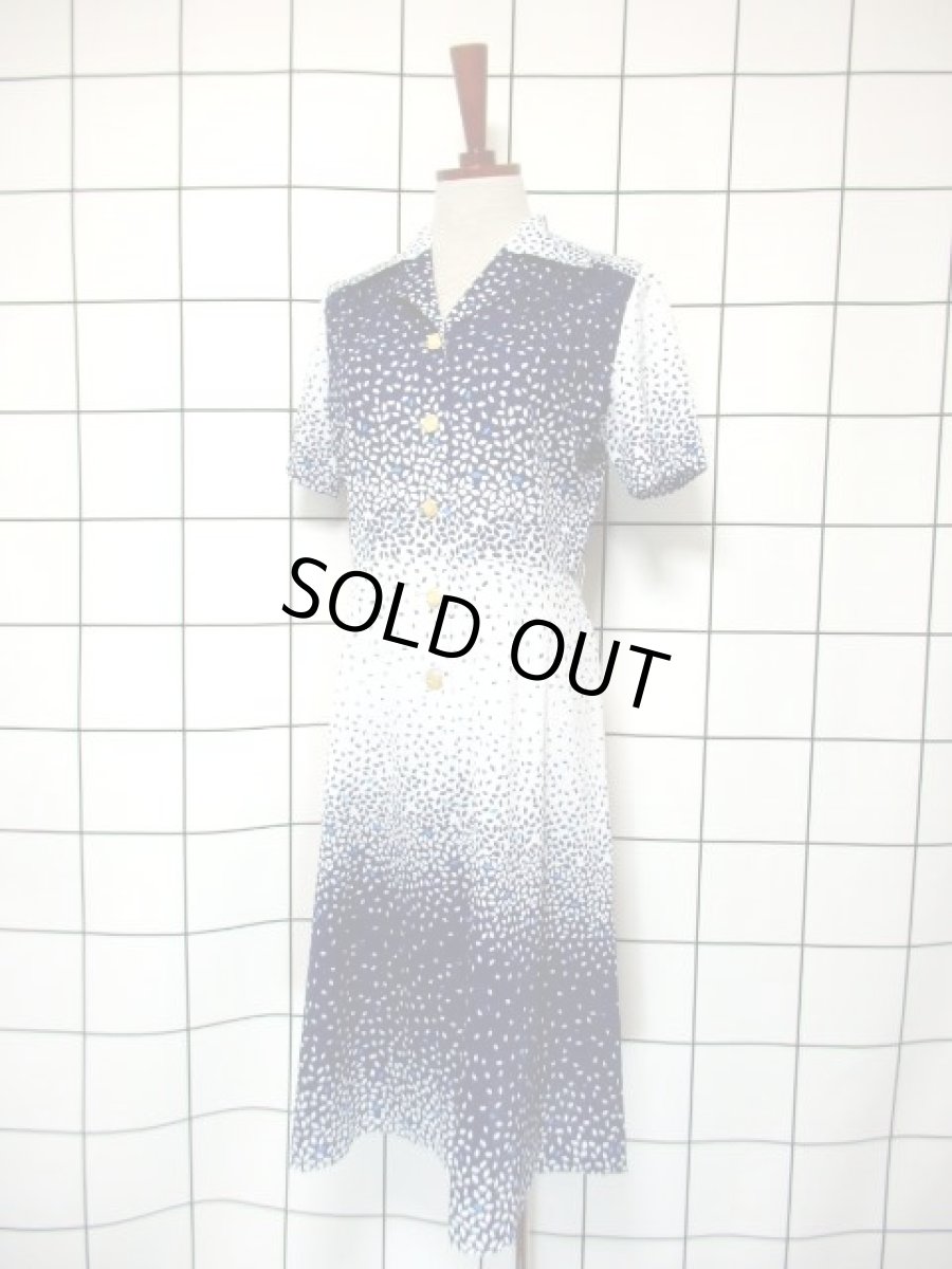 画像2: 70年代 ネイビー ホワイト 半袖 昭和レトロ 国産古着 レトロワンピース【7331】 (2)