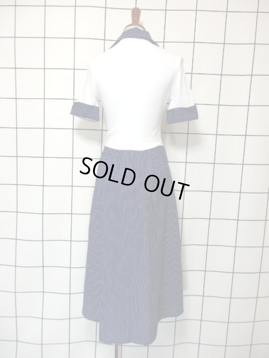 画像5: ドット柄 ネービー ホワイト Aライン 前開き 半袖 レトロ ヨーロッパ古着 ヴィンテージシャツワンピース【7351】 (5)