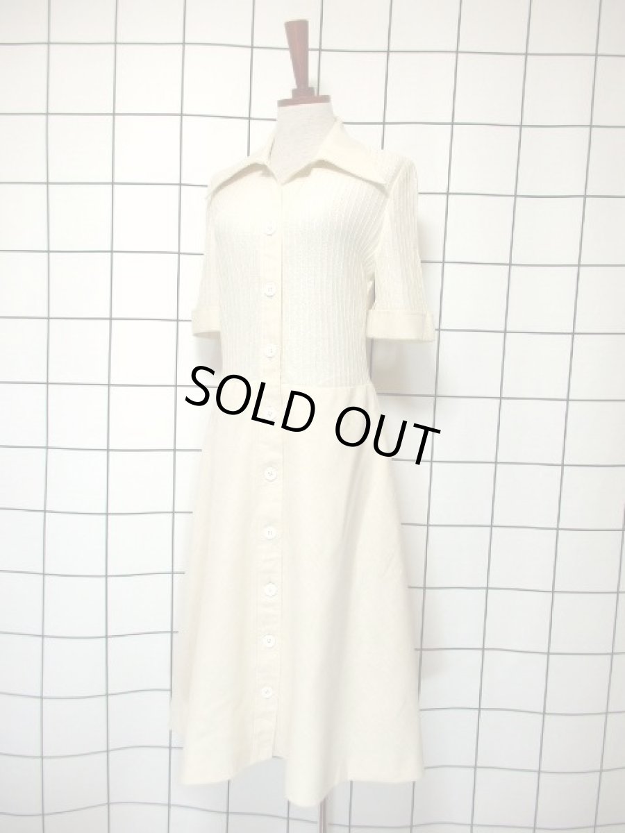 画像2: ニット切り替えし アイボリー 前開き 半袖 レトロ ヨーロッパ古着 ヴィンテージワンピース【7413】 (2)