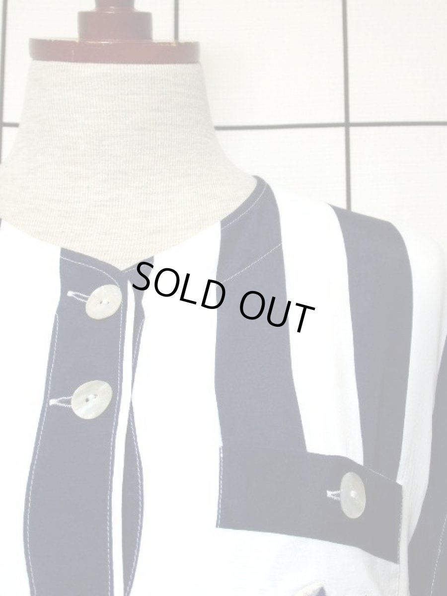 画像9: レトロマリン ストライプ ホワイト ネイビー レトロ ヨーロッパ古着 半袖 シャツ ヴィンテージブラウス (9)