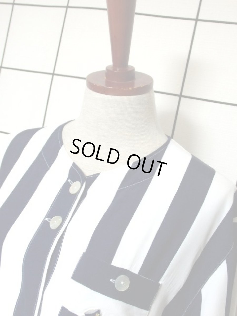 画像8: レトロマリン ストライプ ホワイト ネイビー レトロ ヨーロッパ古着 半袖 シャツ ヴィンテージブラウス (8)