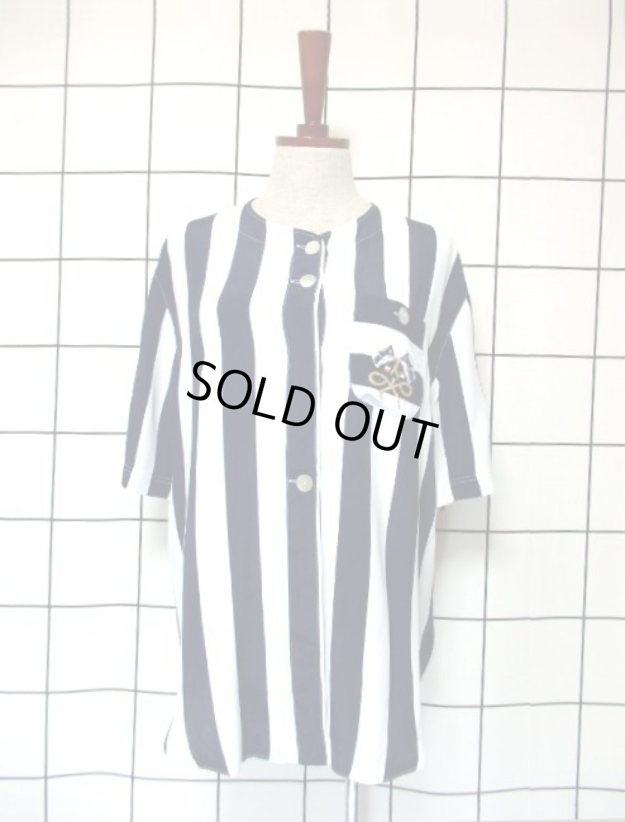 画像2: レトロマリン ストライプ ホワイト ネイビー レトロ ヨーロッパ古着 半袖 シャツ ヴィンテージブラウス (2)