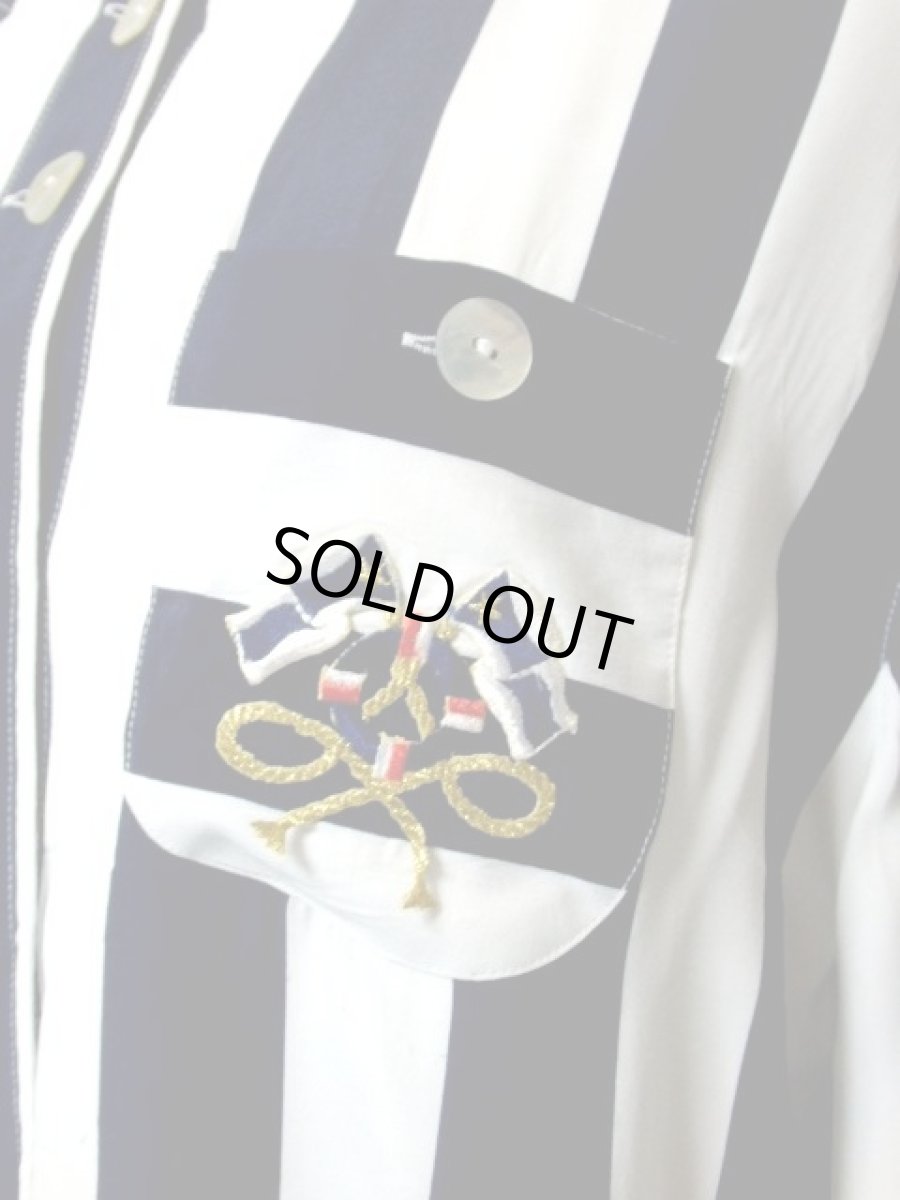 画像3: レトロマリン ストライプ ホワイト ネイビー レトロ ヨーロッパ古着 半袖 シャツ ヴィンテージブラウス (3)