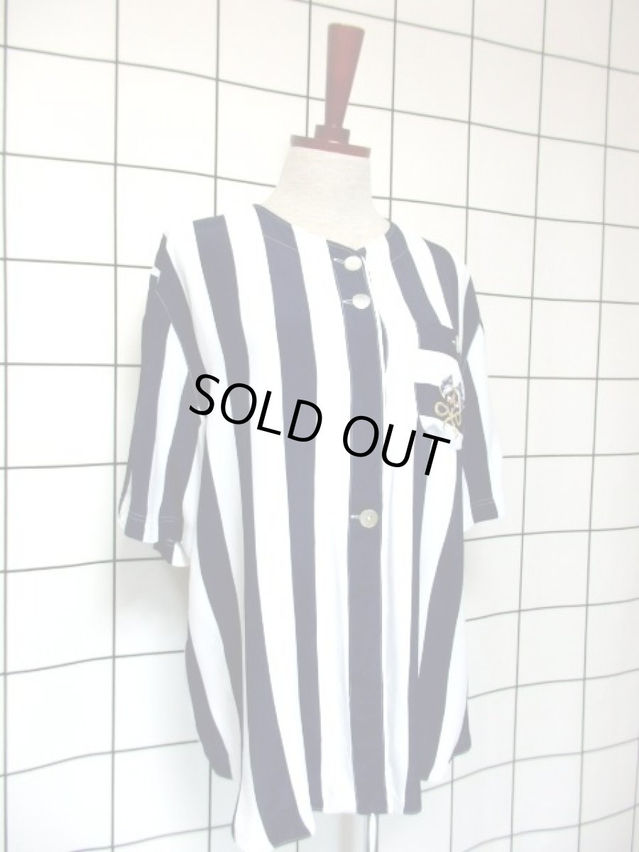 画像7: レトロマリン ストライプ ホワイト ネイビー レトロ ヨーロッパ古着 半袖 シャツ ヴィンテージブラウス (7)