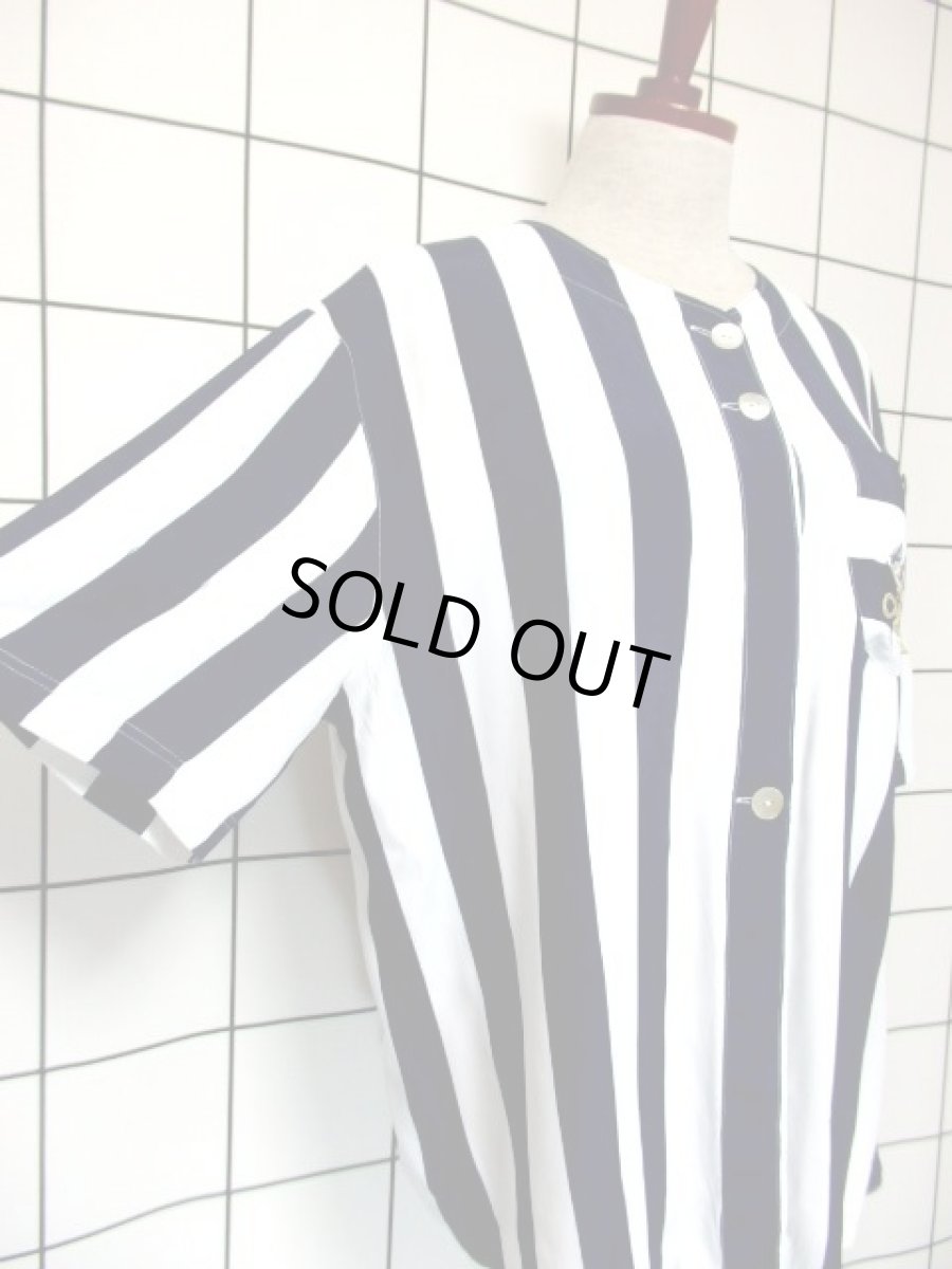 画像4: レトロマリン ストライプ ホワイト ネイビー レトロ ヨーロッパ古着 半袖 シャツ ヴィンテージブラウス (4)