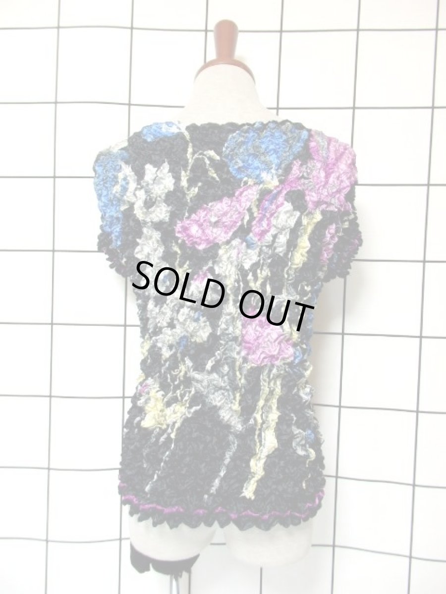 画像5: ポップコーントップス ブラック カラフル 花柄 レトロ ヴィンテージ ヨーロッパ古着 半袖 ブラウス シャツ (5)