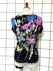 画像5: ポップコーントップス ブラック カラフル 花柄 レトロ ヴィンテージ ヨーロッパ古着 半袖 ブラウス シャツ (5)