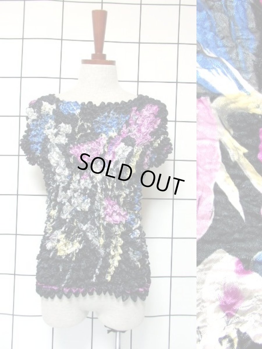 画像1: ★★50％OFF BIGSALE 対象商品★★ ポップコーントップス ブラック カラフル 花柄 レトロ ヴィンテージ ヨーロッパ古着 半袖 ブラウス シャツ (1)