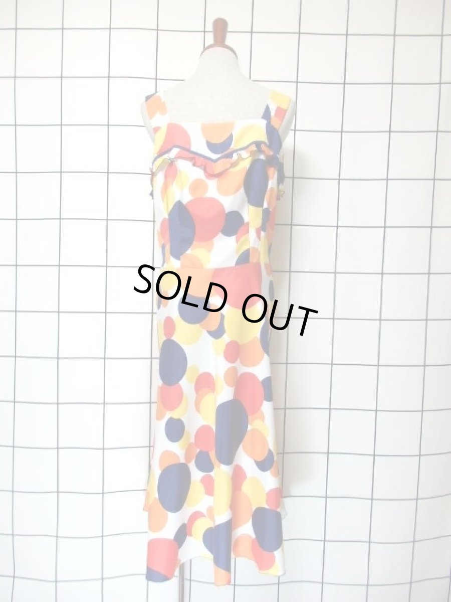 画像5: ドット柄 フリル カラフル ポップ ノースリーブ レトロ ヨーロッパ古着 ヴィンテージワンピース【7486】 (5)