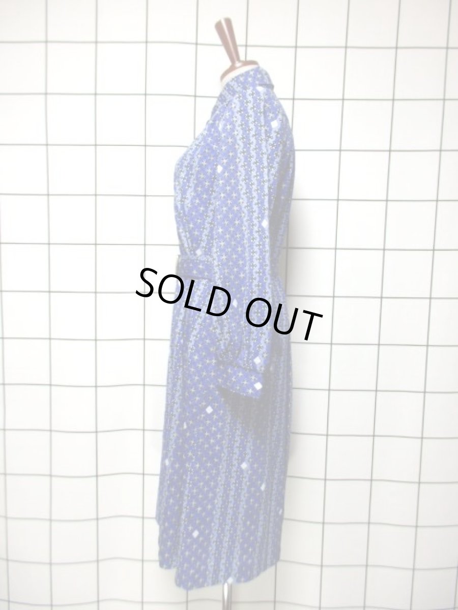 画像8: スクエア柄 ベルト付き ブルー レディース 長袖 昭和レトロ 国産古着 レトロワンピース【7741】 (8)