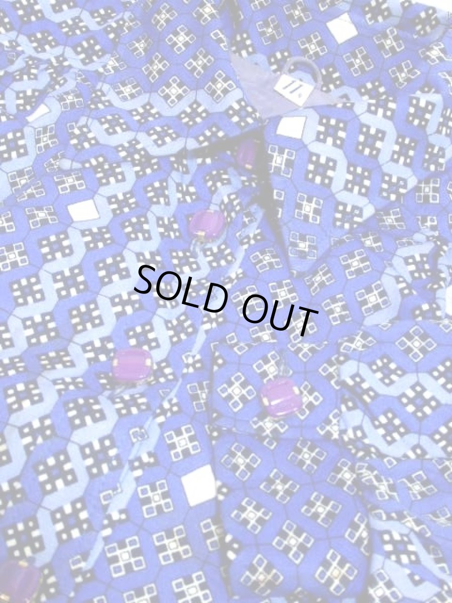 画像16: スクエア柄 ベルト付き ブルー レディース 長袖 昭和レトロ 国産古着 レトロワンピース【7741】 (16)