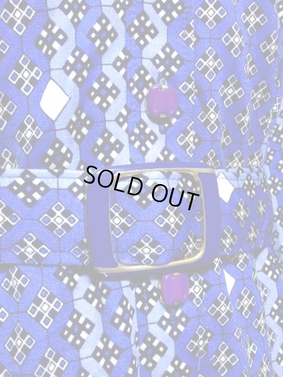 画像13: スクエア柄 ベルト付き ブルー レディース 長袖 昭和レトロ 国産古着 レトロワンピース【7741】 (13)