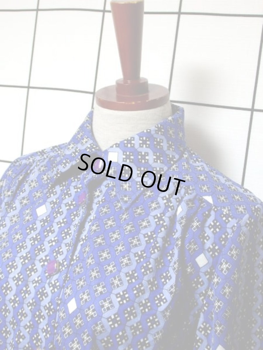 画像10: スクエア柄 ベルト付き ブルー レディース 長袖 昭和レトロ 国産古着 レトロワンピース【7741】 (10)