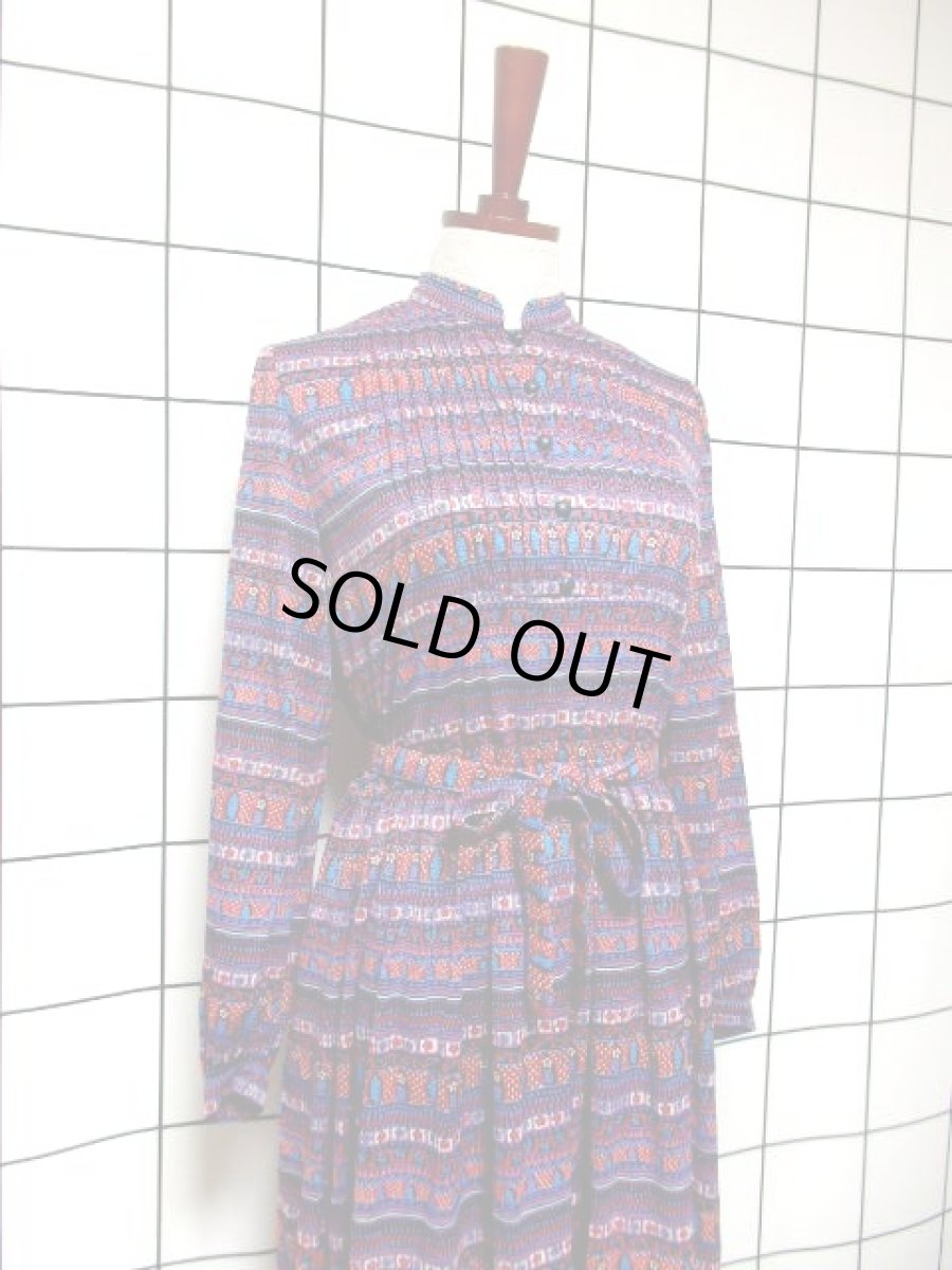 画像7: リボンベルト付き 花柄 フロントタックデザイン レディース 長袖 昭和レトロ 国産古着 レトロワンピース【7758】 (7)