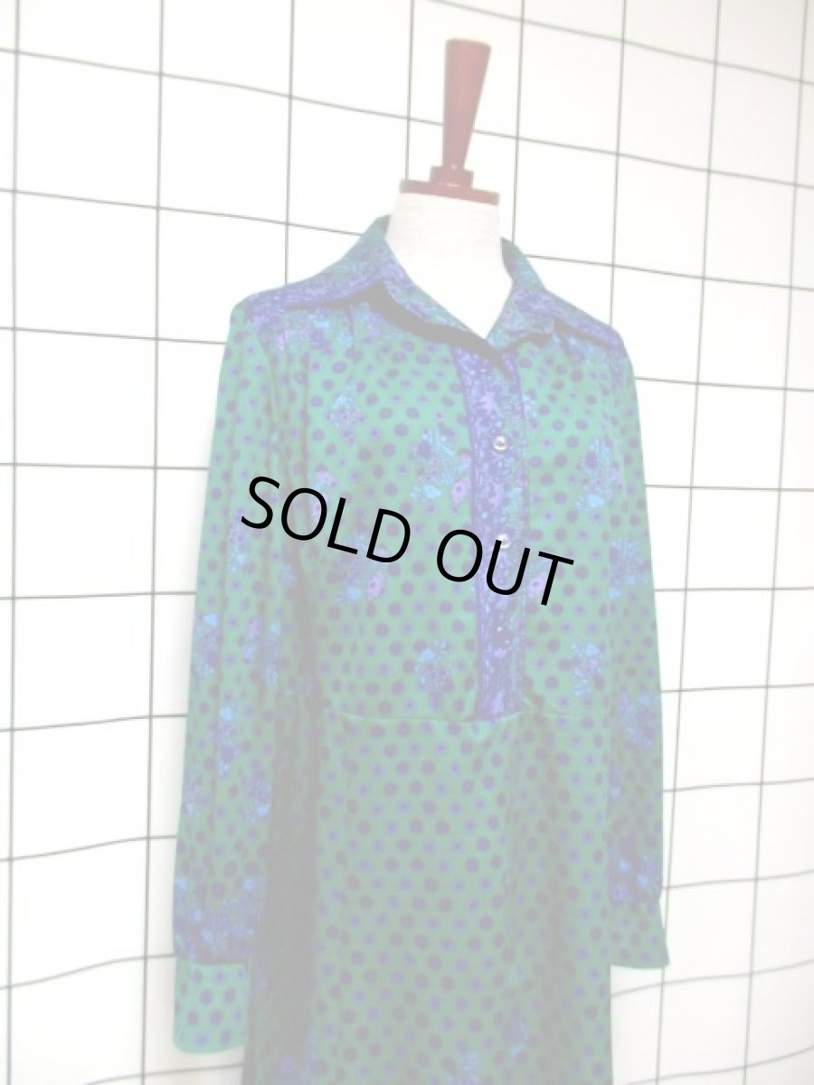 画像8: 花柄 グリーン パープル ブルー レトロ 長袖 ヨーロッパ古着 ヴィンテージワンピース【7757】 (8)