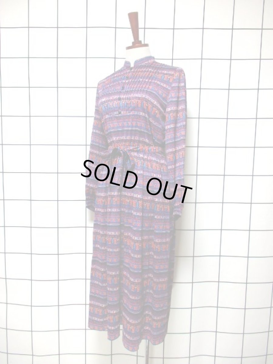 画像2: リボンベルト付き 花柄 フロントタックデザイン レディース 長袖 昭和レトロ 国産古着 レトロワンピース【7758】 (2)