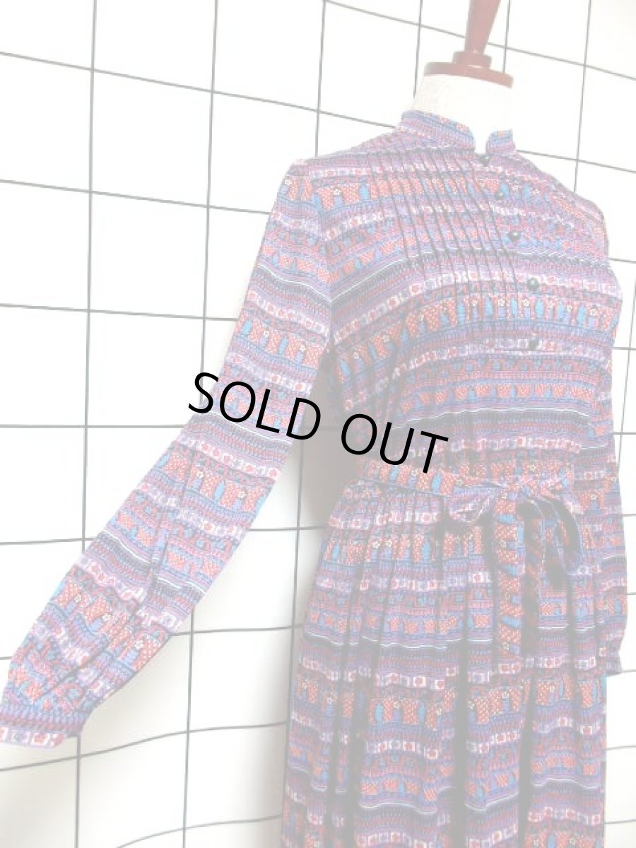 画像4: リボンベルト付き 花柄 フロントタックデザイン レディース 長袖 昭和レトロ 国産古着 レトロワンピース【7758】 (4)