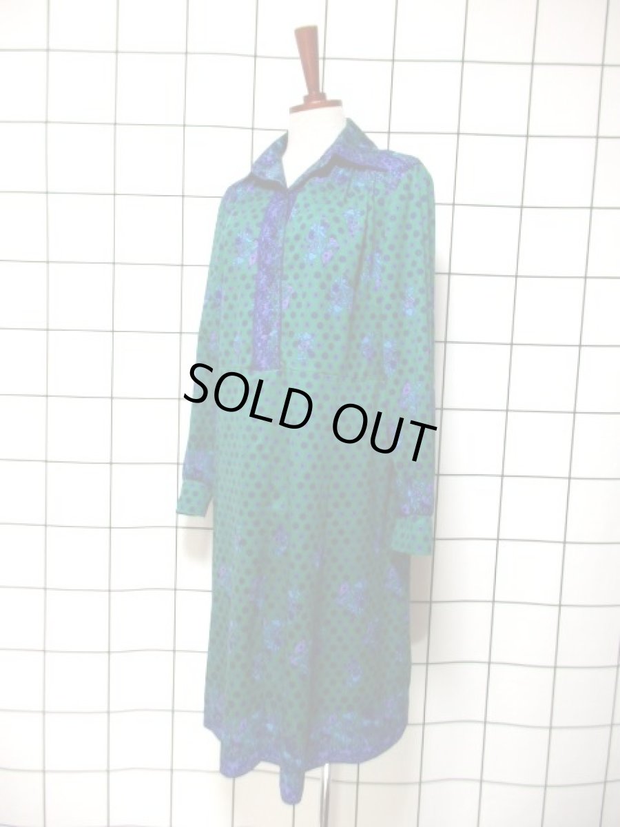 画像2: 花柄 グリーン パープル ブルー レトロ 長袖 ヨーロッパ古着 ヴィンテージワンピース【7757】 (2)