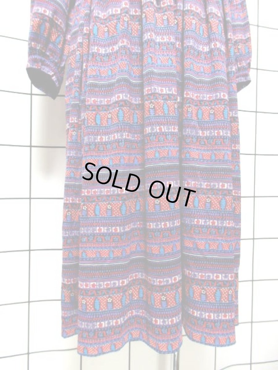 画像14: リボンベルト付き 花柄 フロントタックデザイン レディース 長袖 昭和レトロ 国産古着 レトロワンピース【7758】 (14)