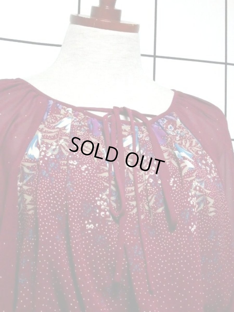 画像3: 花柄 ドット柄 ティアードデザイン 首元リボン ウエストゴム 長袖 昭和レトロ 国産古着 レトロドレス【7763】 (3)