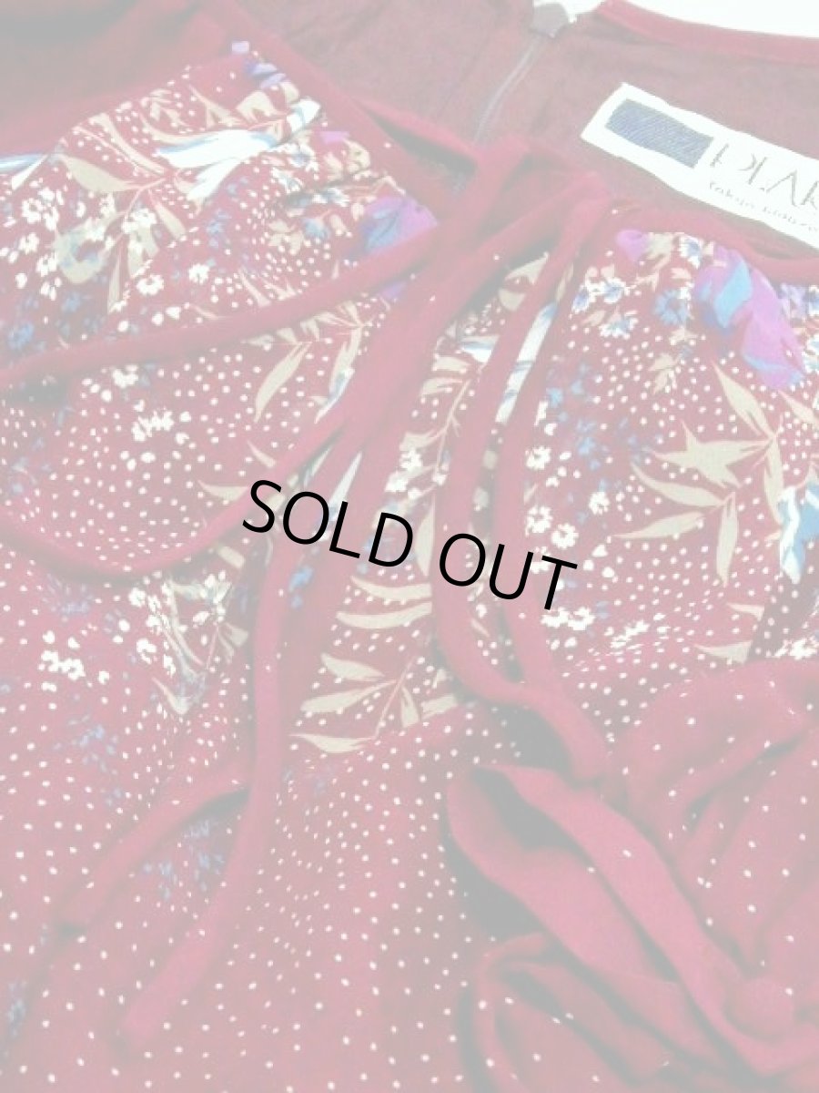 画像14: 花柄 ドット柄 ティアードデザイン 首元リボン ウエストゴム 長袖 昭和レトロ 国産古着 レトロドレス【7763】 (14)