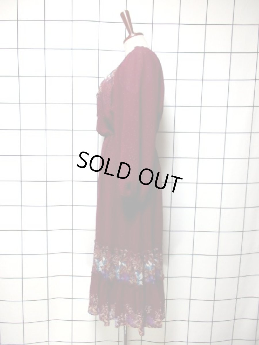 画像6: 花柄 ドット柄 ティアードデザイン 首元リボン ウエストゴム 長袖 昭和レトロ 国産古着 レトロドレス【7763】 (6)