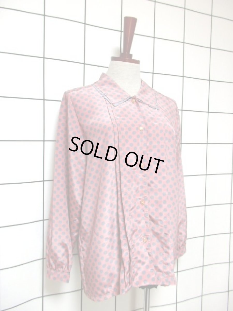 画像7: ドット柄 ダブル襟 フロントタックデザイン ピンク グレー 昭和レトロ 国産古着 長袖 シャツ ブラウス (7)