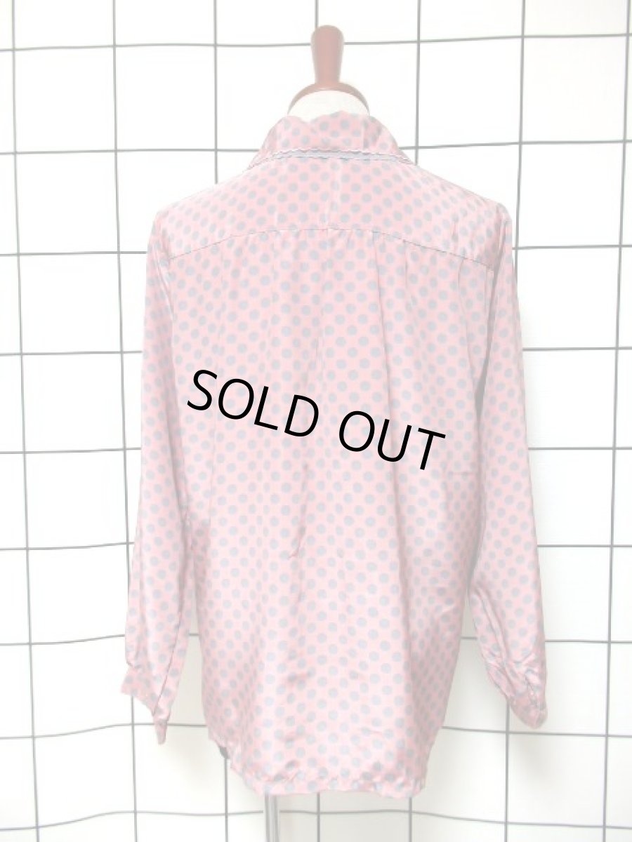 画像5: ドット柄 ダブル襟 フロントタックデザイン ピンク グレー 昭和レトロ 国産古着 長袖 シャツ ブラウス (5)