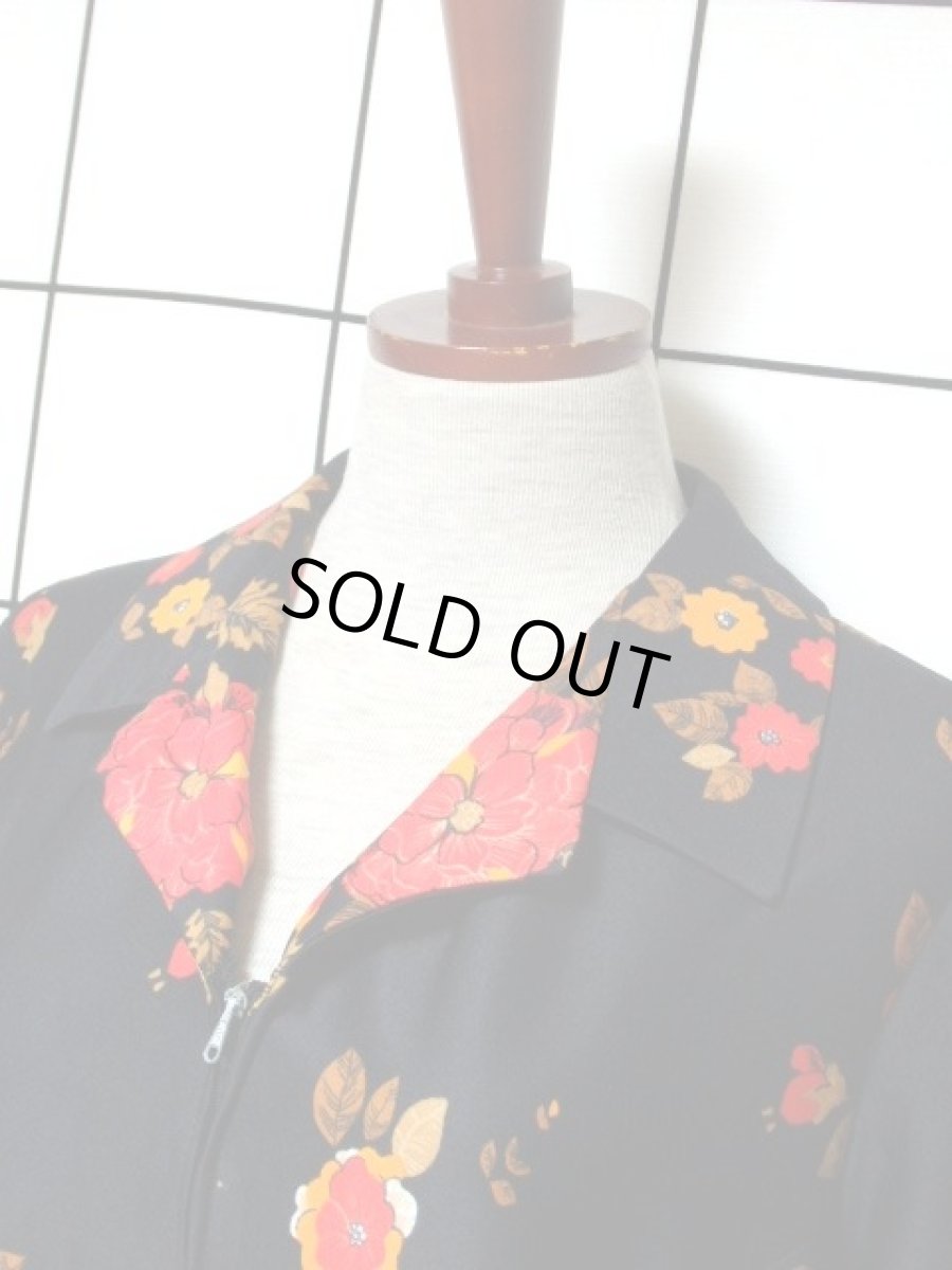 画像8: 花柄 フロントジッパー 70年代 ブラック レトロ 長袖 ヨーロッパ古着 ヴィンテージワンピース【7798】 (8)