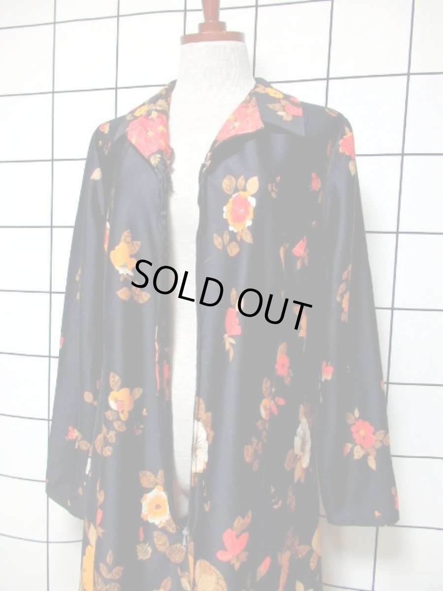 画像12: 花柄 フロントジッパー 70年代 ブラック レトロ 長袖 ヨーロッパ古着 ヴィンテージワンピース【7798】 (12)