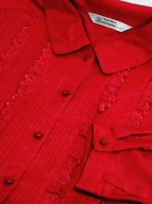 画像11: レトロブラウス フロントタック レッド 赤 古着 長袖 シャツ (11)