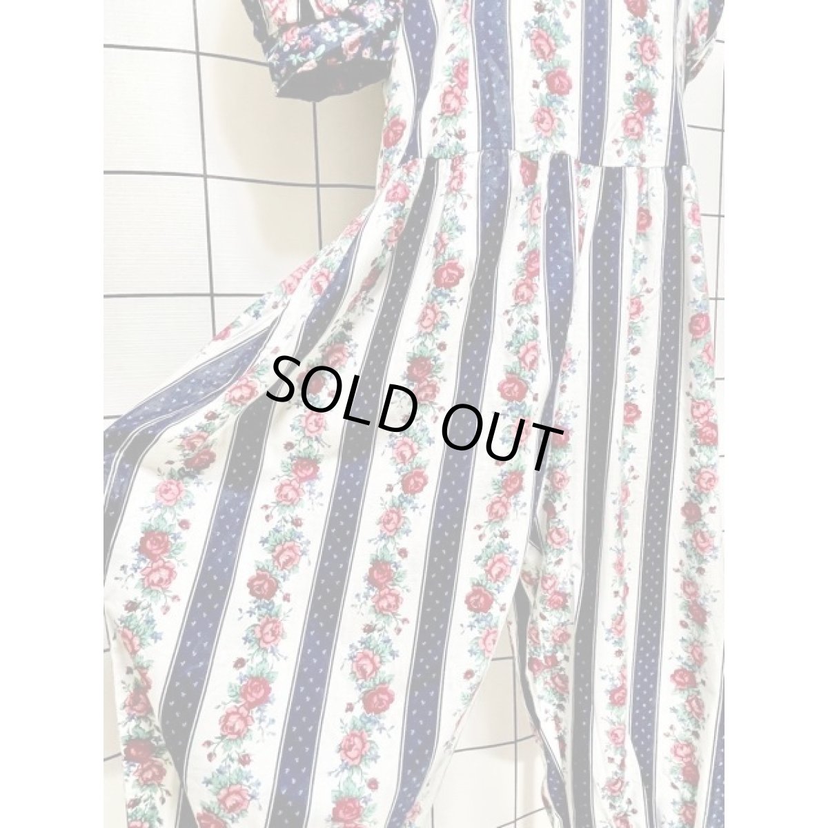 画像15: 大きな襟 リボン装飾 花柄 ストライプ柄 ホワイト ネイビー 半袖 レトロ USA古着 ヴィンテージオールインワン (15)