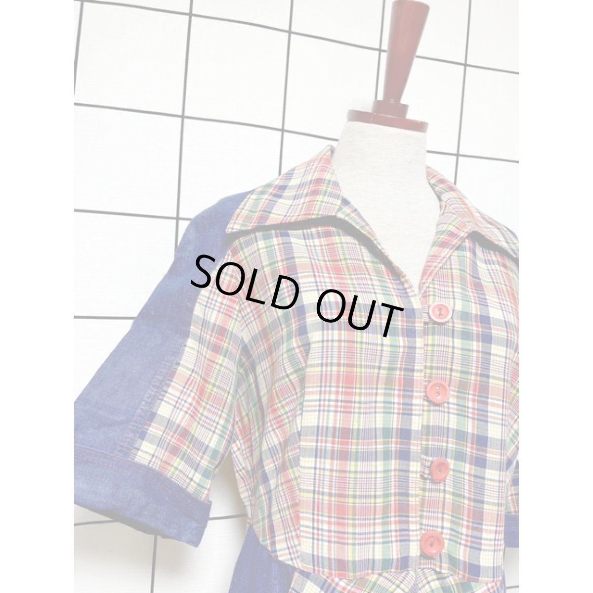 画像4: チェック柄 デニム切り替えし 後ろ姿もGood レトロ ヨーロッパ古着 ヴィンテージワンピース【5915】 (4)